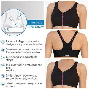 Set of 3! 42B Glamorise SPORT Bra (HIGH-IMPACT) Black (RACERBACK) T-Back Zip NEW